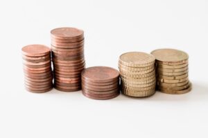 Stacks of various coins arranged in ascending height order on a plain white background.