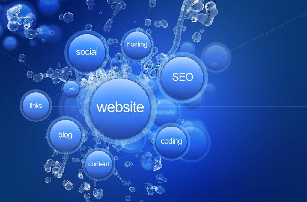 Website Project - Cool Blue Website Project Illustration. Web Technology Illustrations Collection. Blue Bubbles: Website, Social, Hosting, SEO, Links, Coding, Blog and Content
