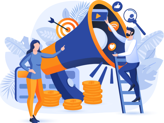Two people stand near a large megaphone surrounded by coins and marketing icons, illustrating digital marketing and online promotion concepts.