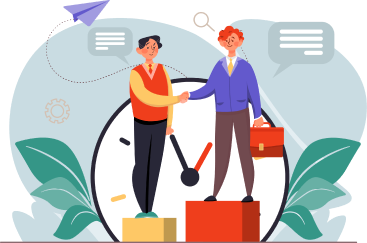 Two businesspeople shaking hands in front of a large clock, with one holding a briefcase, surrounded by speech bubbles and decorative leaves.