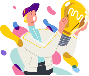 Illustration of a smiling person in a jacket and cap holding a large light bulb, surrounded by colorful abstract shapes.