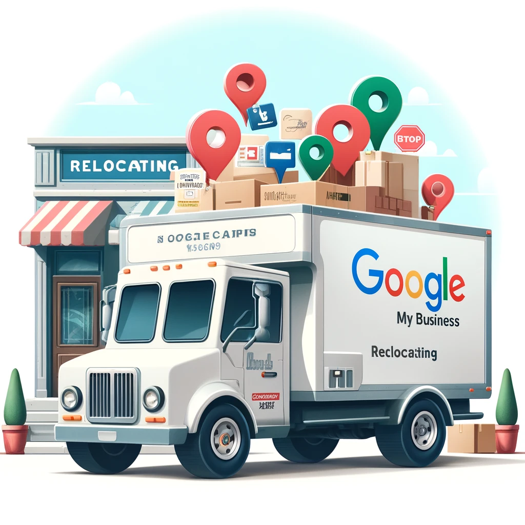 A moving truck labeled "Google Business Profile Relocating" is parked in front of a store with signs, featuring location pins and boxes on top.