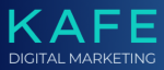 The image shows the text "KAFE" in large turquoise letters above "DIGITAL MARKETING" in smaller white letters on a blue gradient background.