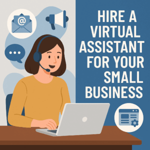 Illustration of a woman with a headset using a laptop, surrounded by business icons, with the text: "Hire a virtual assistant to support your small business.