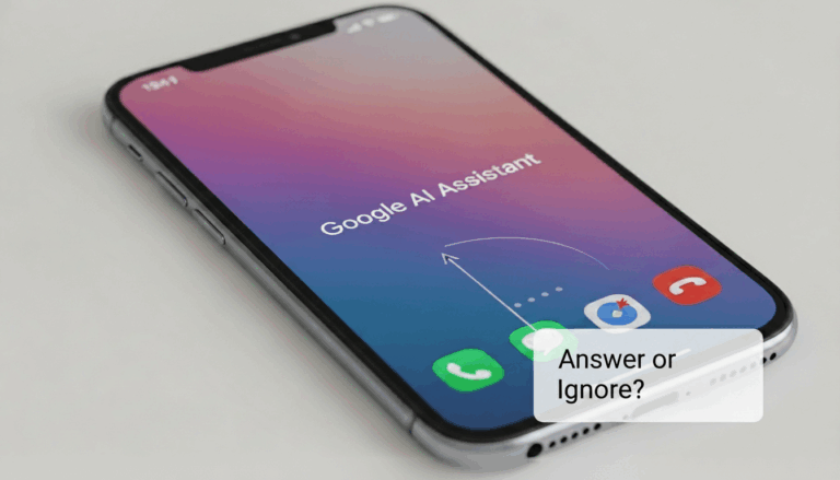 A smartphone screen displays "Google AI Assistant" managing incoming phone calls with options to answer or ignore—ideal for business professionals.