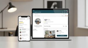 A smartphone and laptop display a Google Business Profile page with reviews and photos, highlighting the importance of local search in a modern office environment.