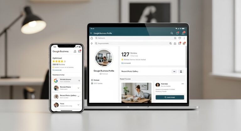 A smartphone and laptop display a Google Business Profile page with reviews and photos, highlighting the importance of local search in a modern office environment.