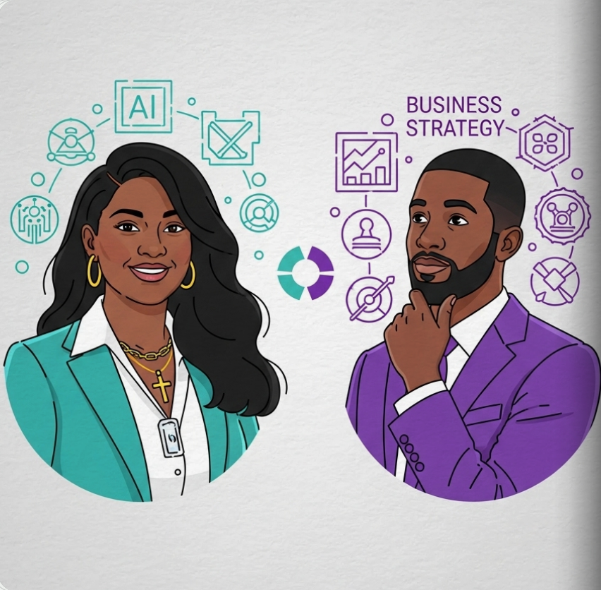 Illustration of a woman with AI icons and a man with business strategy icons, both in business attire, separated by a circular graphic in the center.