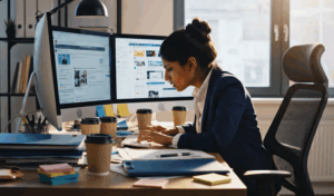 A woman in business attire works at a desk with two monitors, coffee cups, papers, and sticky notes, showcasing productivity as she manages her workload and considers how to delegate tasks efficiently in a modern office setting.