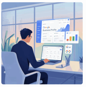 A man sits at a desk using a laptop, analyzing digital business data and Google Business Profile analytics—including the Q&A Section—displayed on floating screens in a modern office setting.