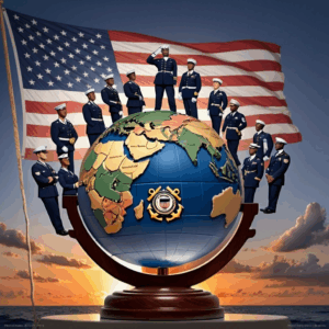 U.S. Coast Guard members in uniform stand on a globe with the Coast Guard emblem, posed in front of a large American flag at sunset, exemplifying the Discipline of Service on Veterans Day.
