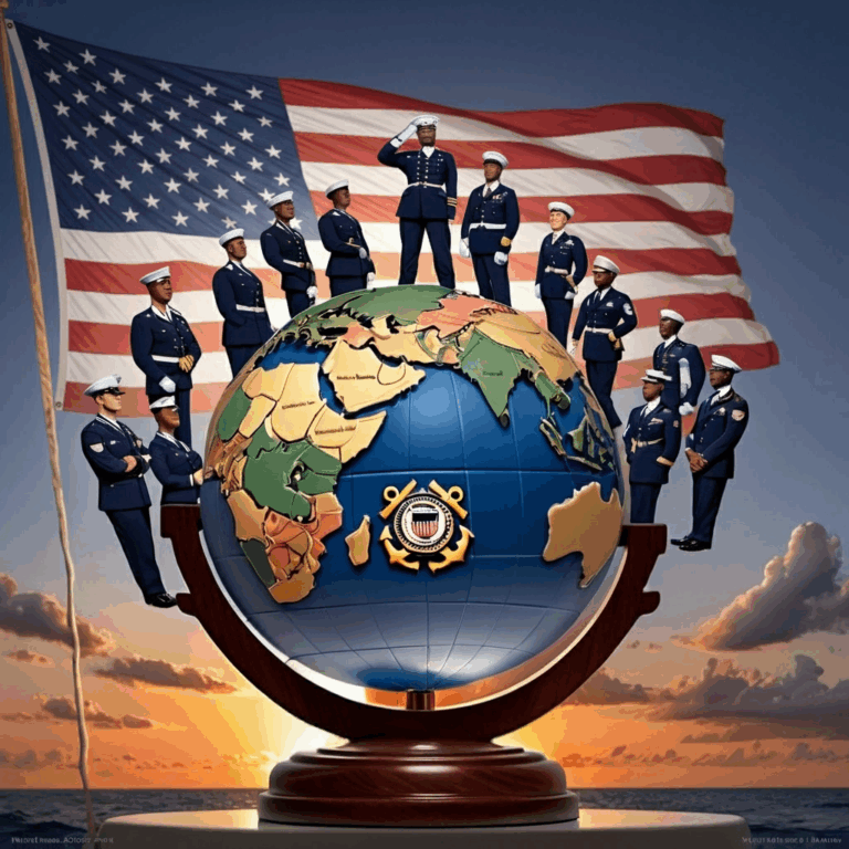 U.S. Coast Guard members in uniform stand on a globe with the Coast Guard emblem, posed in front of a large American flag at sunset, exemplifying the Discipline of Service on Veterans Day.
