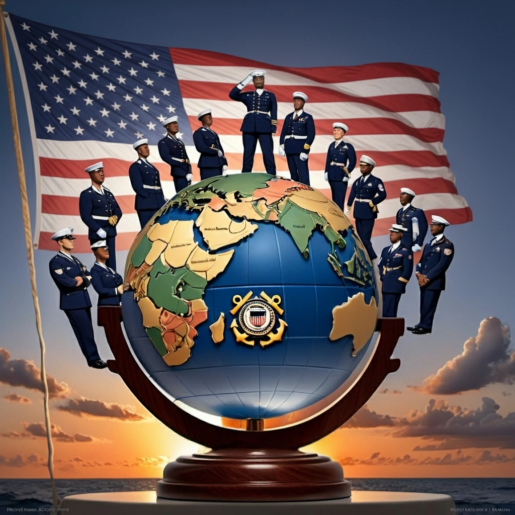 U.S. Coast Guard members in uniform stand on a globe with the Coast Guard emblem, posed in front of a large American flag at sunset, exemplifying the Discipline of Service on Veterans Day.