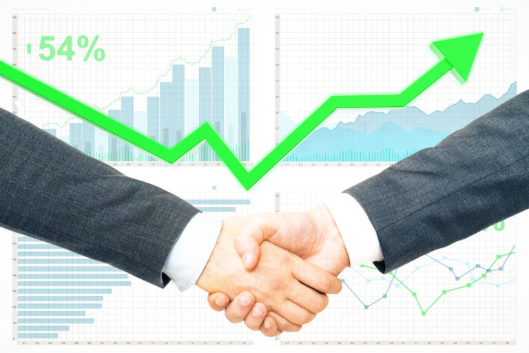 Two people in business suits shaking hands, highlighting a strong connection, with financial graphs and a green upward arrow indicating 54% growth in the background.