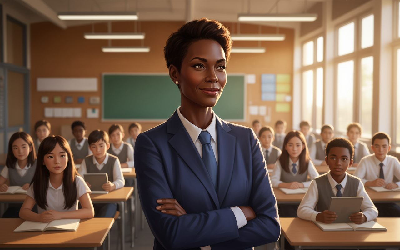 A confident teacher in a blue suit stands with arms crossed in front of a classroom of attentive students in school uniforms.