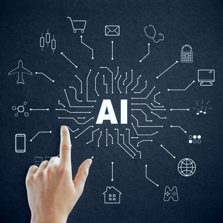 A hand points to the word "AI" at the center of a blackboard, surrounded by icons of industries and technologies, highlighting how small business AI is connecting sectors through innovation.