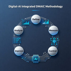 A circular diagram titled "Digital-AI Integrated DMAIC Methodology," designed with Elementor, displays stages—Define, Measure, Control, Improve, Analyze—interconnected by dynamic digital and AI-themed graphics.