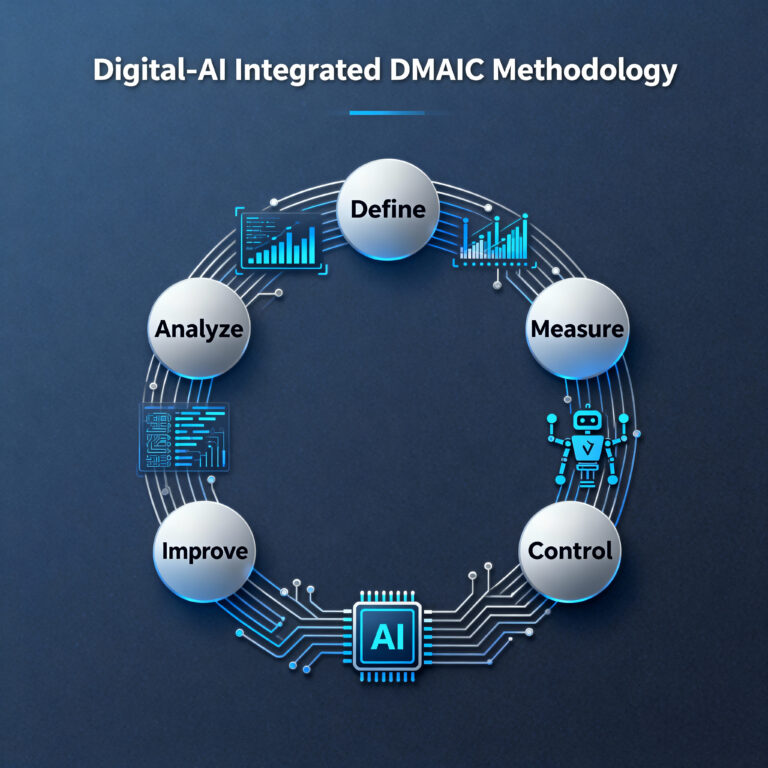 A circular diagram titled "Digital-AI Integrated DMAIC Methodology," designed with Elementor, displays stages—Define, Measure, Control, Improve, Analyze—interconnected by dynamic digital and AI-themed graphics.