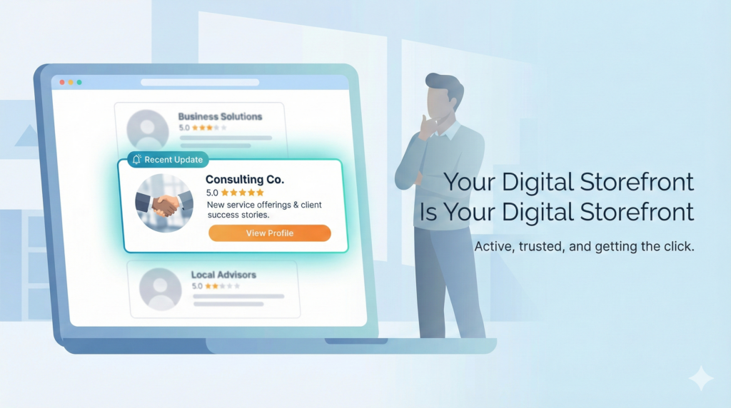 Illustration of a person viewing a laptop screen displaying business profiles, with the highlighted text: "Your Digital Storefront Is Your Google Business Profile." Perfect for consultants focused on driving business growth online.