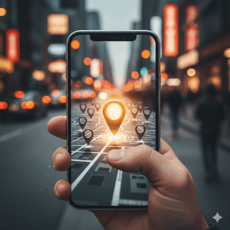 A hand holds a smartphone displaying a digital map with multiple location pins, illustrating business clarity for 2026, in a city street with blurred lights and buildings in the background.