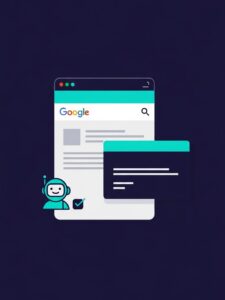 Illustration of a Google search results page, featuring a chatbot icon and floating text box, suggesting AI assistance for consultants managing their Google Business Profile.