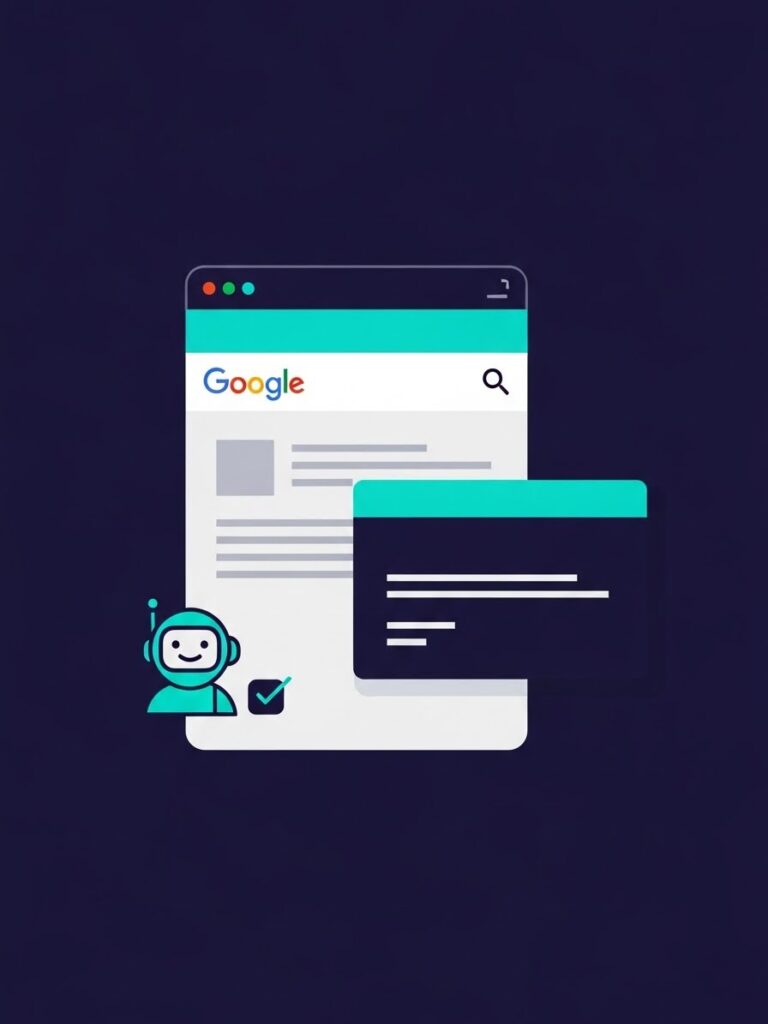 Illustration of a Google search results page, featuring a chatbot icon and floating text box, suggesting AI assistance for consultants managing their Google Business Profile.