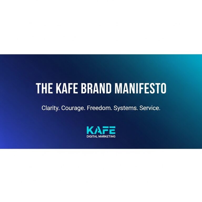 A blue gradient graphic featuring the KAFE Brand Manifesto: Clarity. Courage. Freedom. Systems. Service.—with the KAFE Digital Marketing logo at the bottom.