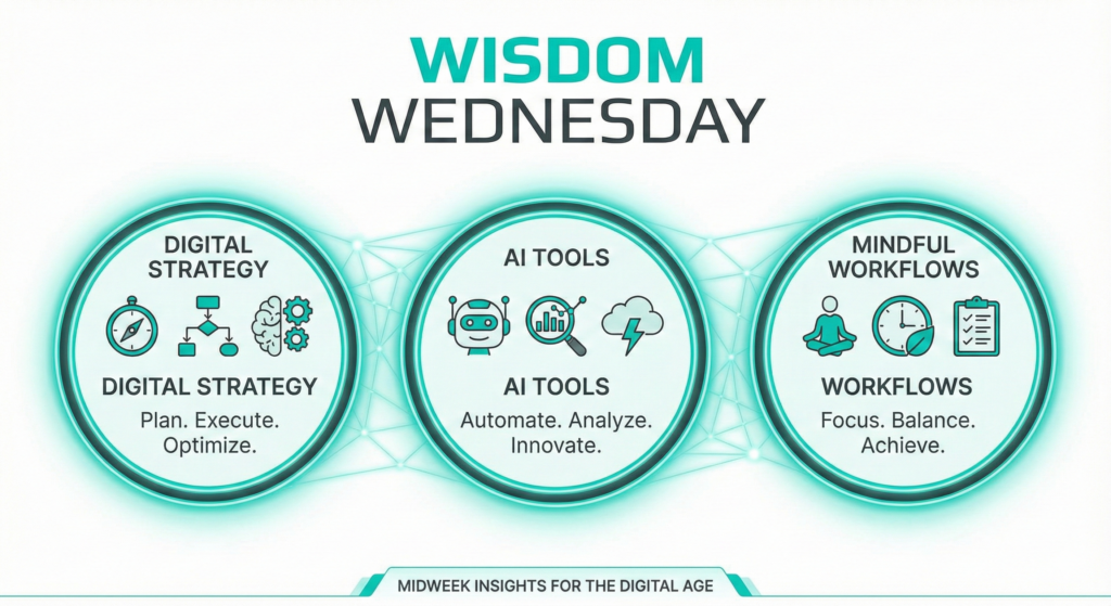 Infographic titled "Wisdom Wednesday" showing three sections: Digital Strategy, AI Tools, and Mindful Workflows—each with icons and brief descriptions on how to strengthen digital presence and improve digital visibility.