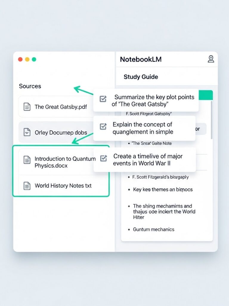 A digital study guide interface, like NotebookLM, displays a list of sources and prompts for summarizing, explaining concepts, and creating timelines based on selected documents—ideal for business owners seeking organized insights.