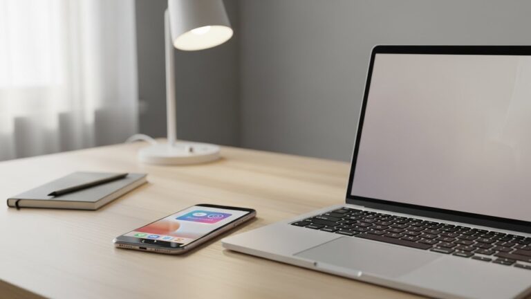 A laptop, smartphone, closed notebook, and pen are arranged on a light wooden desk with a white lamp, creating a minimal, modern workspace where visibility and organization are prioritized everywhere you look.