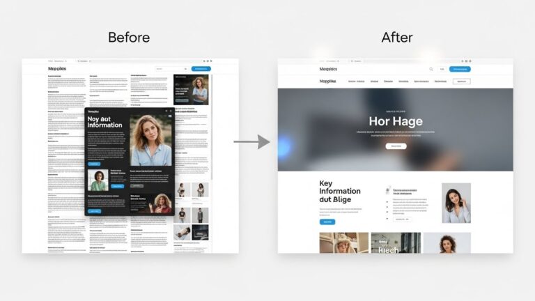 Side-by-side comparison of a website before and after redesign; the before page is text-heavy, while the after page features Homepage Clarity with a clean layout, large headings, and bold images.