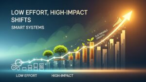 Infographic showing bar graphs turning into trees and an upward arrow labeled “Sustainable Growth,” illustrating how smart systems help create freedom through low-effort, high-impact solutions.