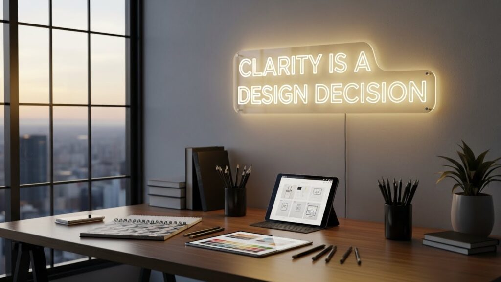 A modern office desk with art supplies, a tablet, and a laptop sits by large windows; a neon sign on the wall highlights clarity as a key design decision.