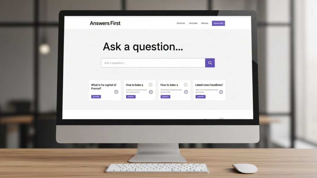 A computer monitor displays a question-and-answer website called Answers First, where users can find website answers using the search bar and explore example questions below it.