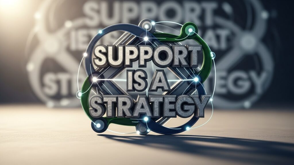 Silver 3D text reads "Support is a Strategy" against a blurred background, weaving in circular and line elements to highlight the power of support as a key strategy.