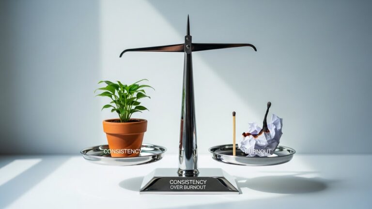 A balance scale holds a healthy potted plant labeled "consistency" opposite a burnt match with crumpled paper labeled "burnout," illustrating the delicate balance between steady effort and exhaustion.