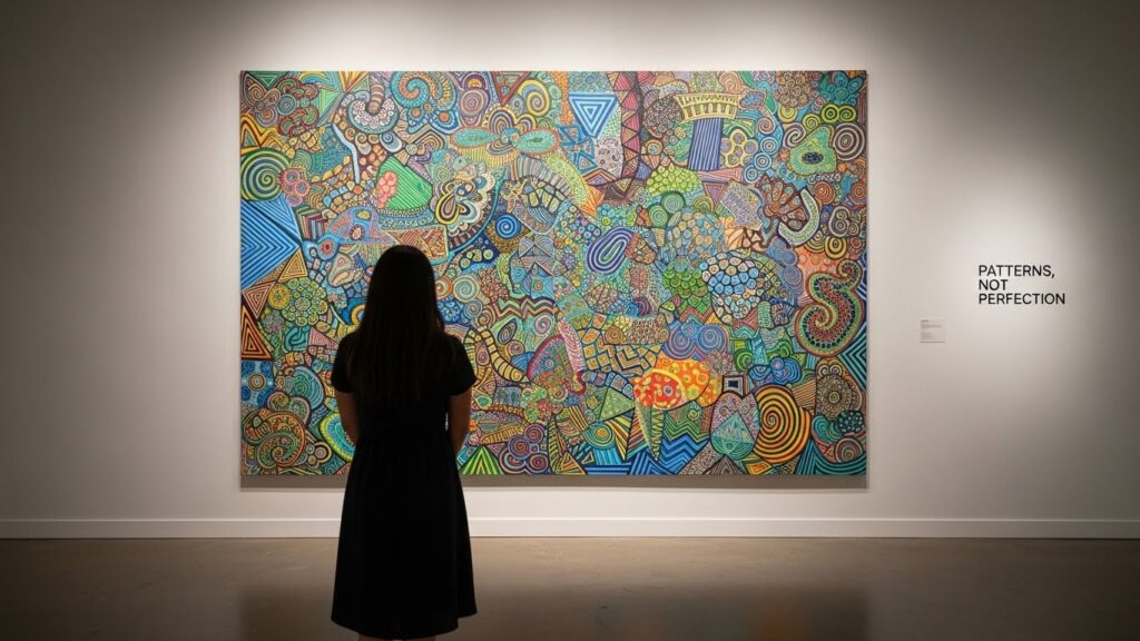 A person stands in front of a colorful, abstract artwork filled with dynamic patterns in a gallery. The wall text reads "PATTERNS, NOT PERFECTION.
