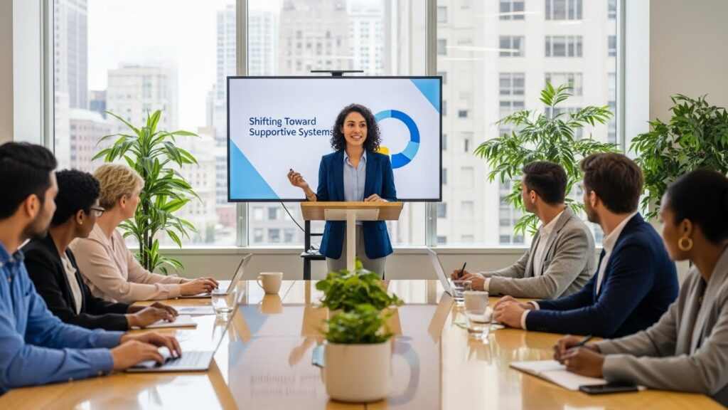 A woman presents a slide titled "Shifting Toward Supportive Systems" to six colleagues seated around a conference table, discussing strategies for strengthening support systems in a modern office with large windows.