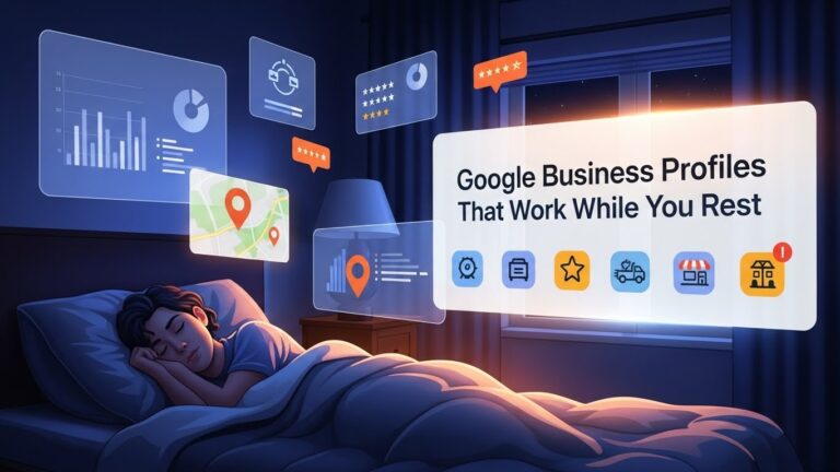 A person sleeps in bed at night while digital business profile icons and SEO data charts float above, with text reading "Google Business Profiles That Work While You Rest.