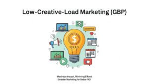 Illustration of a lightbulb with a dollar sign surrounded by marketing icons, titled "Low-Creative-Load Marketing (GBP)," showcasing how GBP strategies can maximize impact and ROI with minimal creative effort.