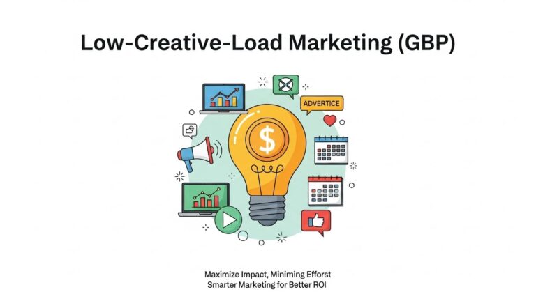Illustration of a lightbulb with a dollar sign surrounded by marketing icons, titled "Low-Creative-Load Marketing (GBP)," showcasing how GBP strategies can maximize impact and ROI with minimal creative effort.