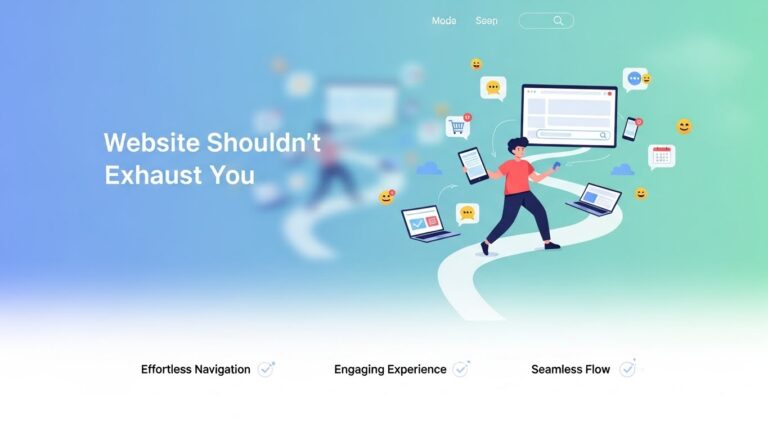 Illustration of a person navigating a website interface with shopping, chat, and notifications icons, highlighting user experience with the text "Website Shouldn't Exhaust You" on a gradient background.