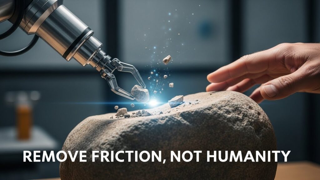 A robotic arm chisels a rock near a human hand, particles flying, with the text: "REMOVE FRICTION, NOT HUMANITY—technology should smooth the way while preserving our essential humanity.