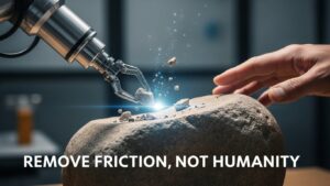 A robotic arm chisels a rock near a human hand, particles flying, with the text: "REMOVE FRICTION, NOT HUMANITY—technology should smooth the way while preserving our essential humanity.