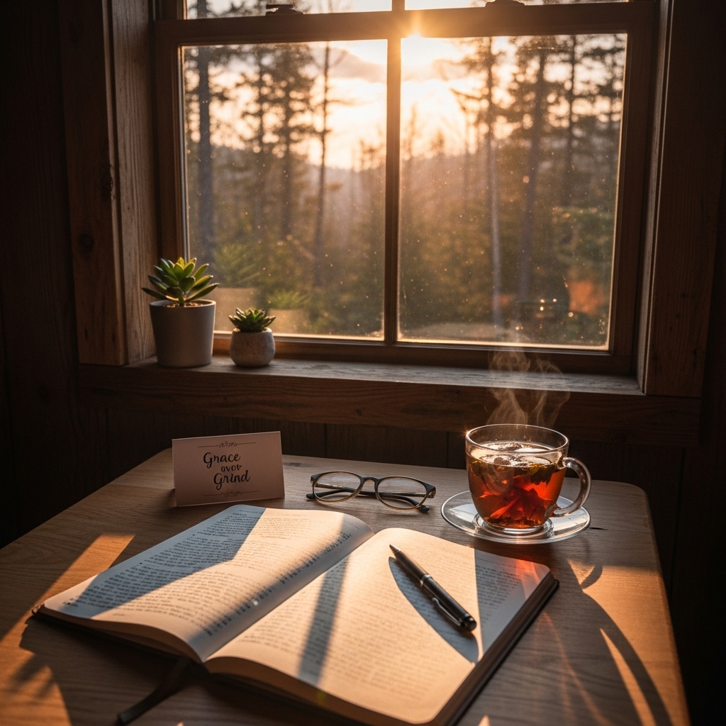 A steaming cup of tea, an open notebook with a pen for business planning, eyeglasses, and two potted plants sit on a wooden table by a window with sunlight streaming in.