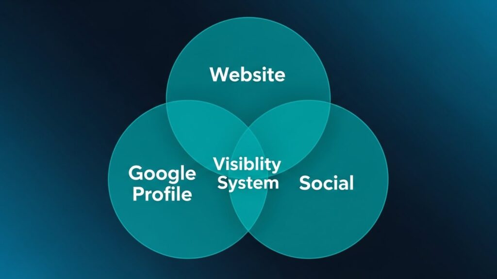 Venn diagram showing three overlapping circles labeled Website, Google Profile, and Social, with the overlap area labeled Essentials of Visibility Systems for Low-Energy Consultants.
