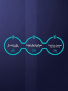 A graphic showing three connected circles labeled: Google Profile (SEO + Credibility), Website/Landing Page (Clear Next Steps), and One Social Channel (Relationships)—the essentials of visibility systems for Low-Energy Consultants.