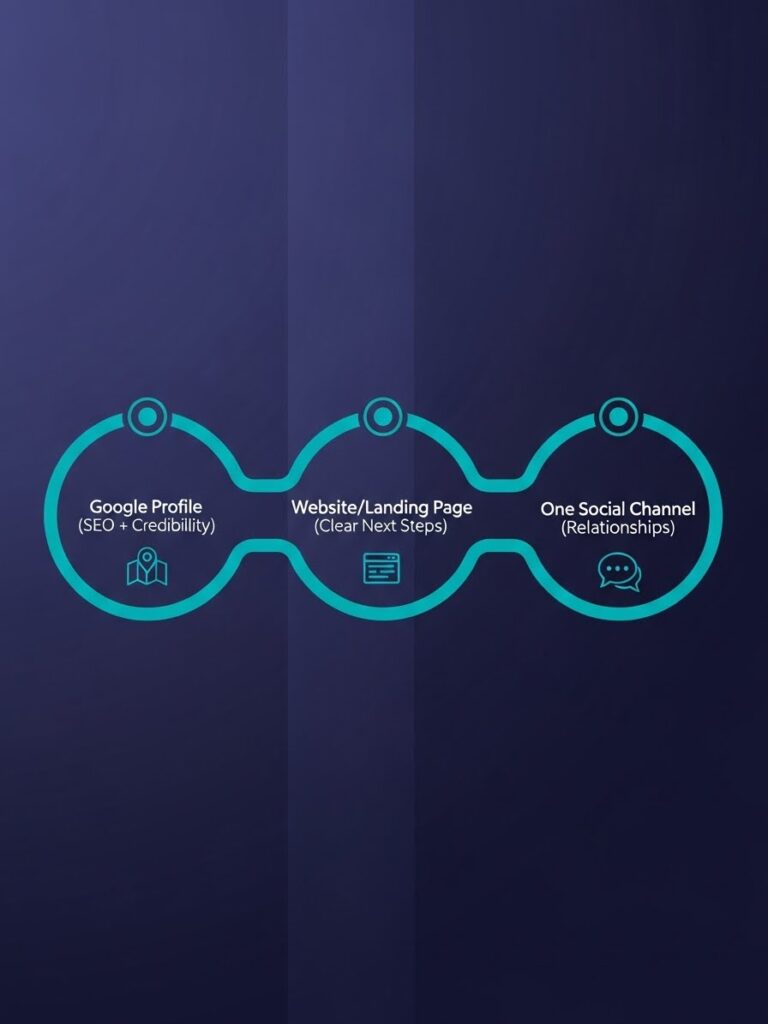 A graphic showing three connected circles labeled: Google Profile (SEO + Credibility), Website/Landing Page (Clear Next Steps), and One Social Channel (Relationships)—the essentials of visibility systems for Low-Energy Consultants.