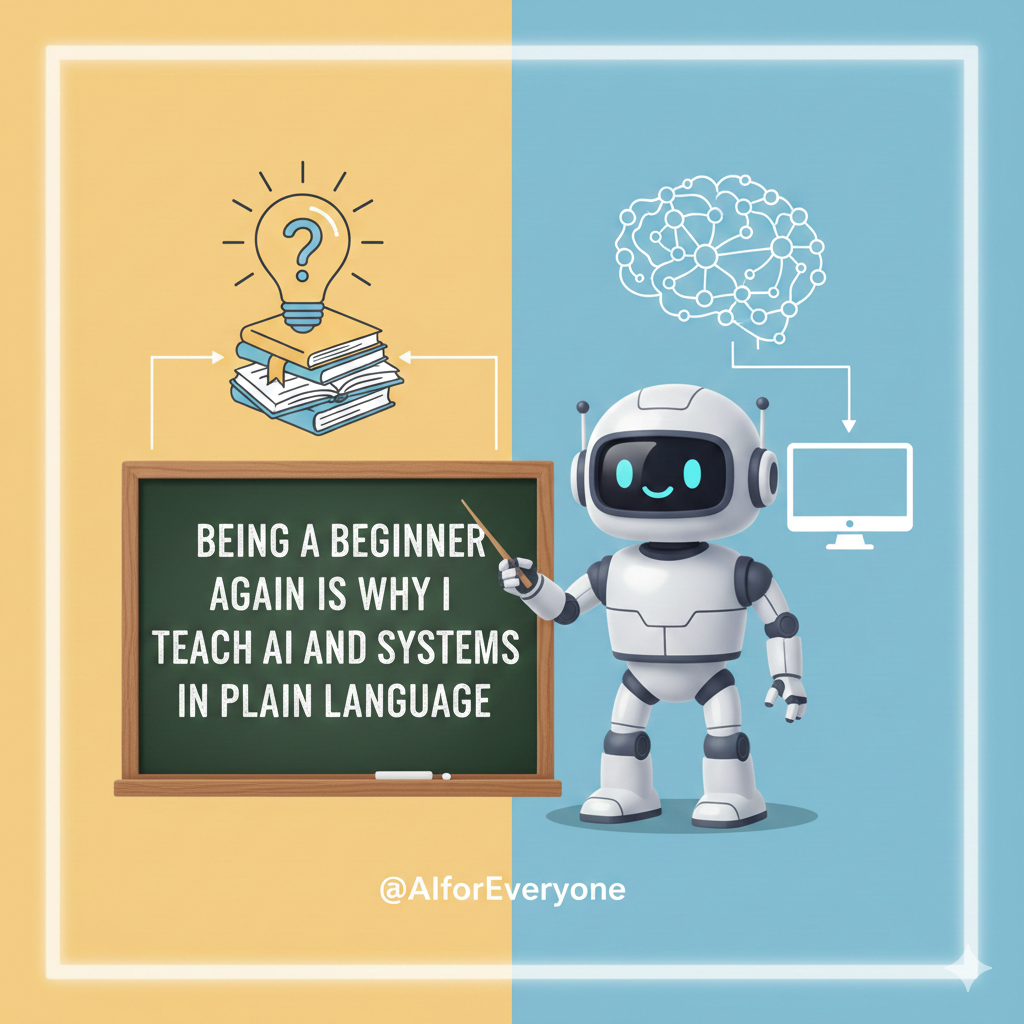 A robot points to a chalkboard that reads, "Being a Beginner Again is why I teach AI and systems in plain language." Icons of a brain and computer are shown in the background.