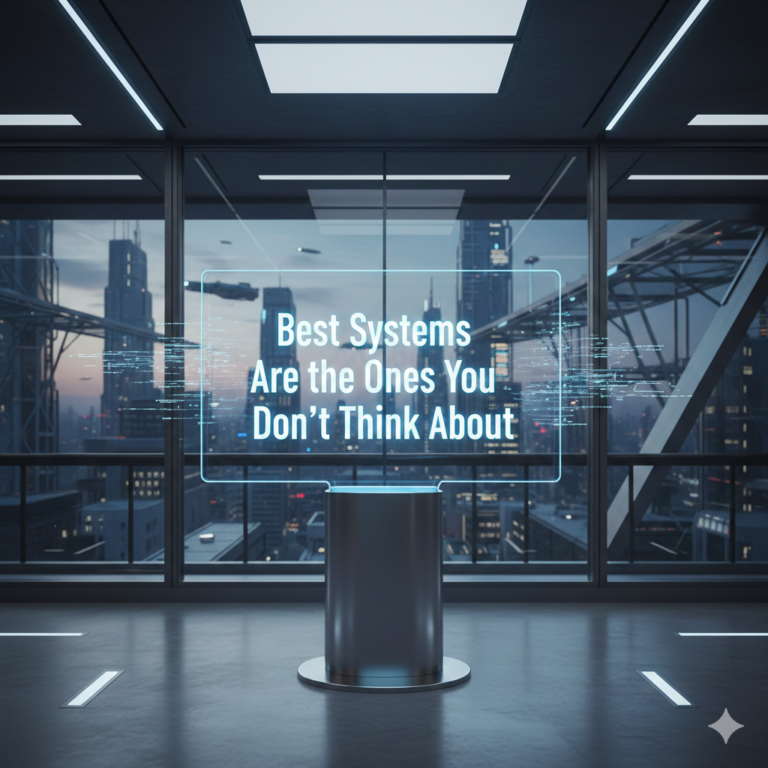 A modern office with large windows features a digital display that reads, "The Best Systems are the Ones You Don’t Think About.